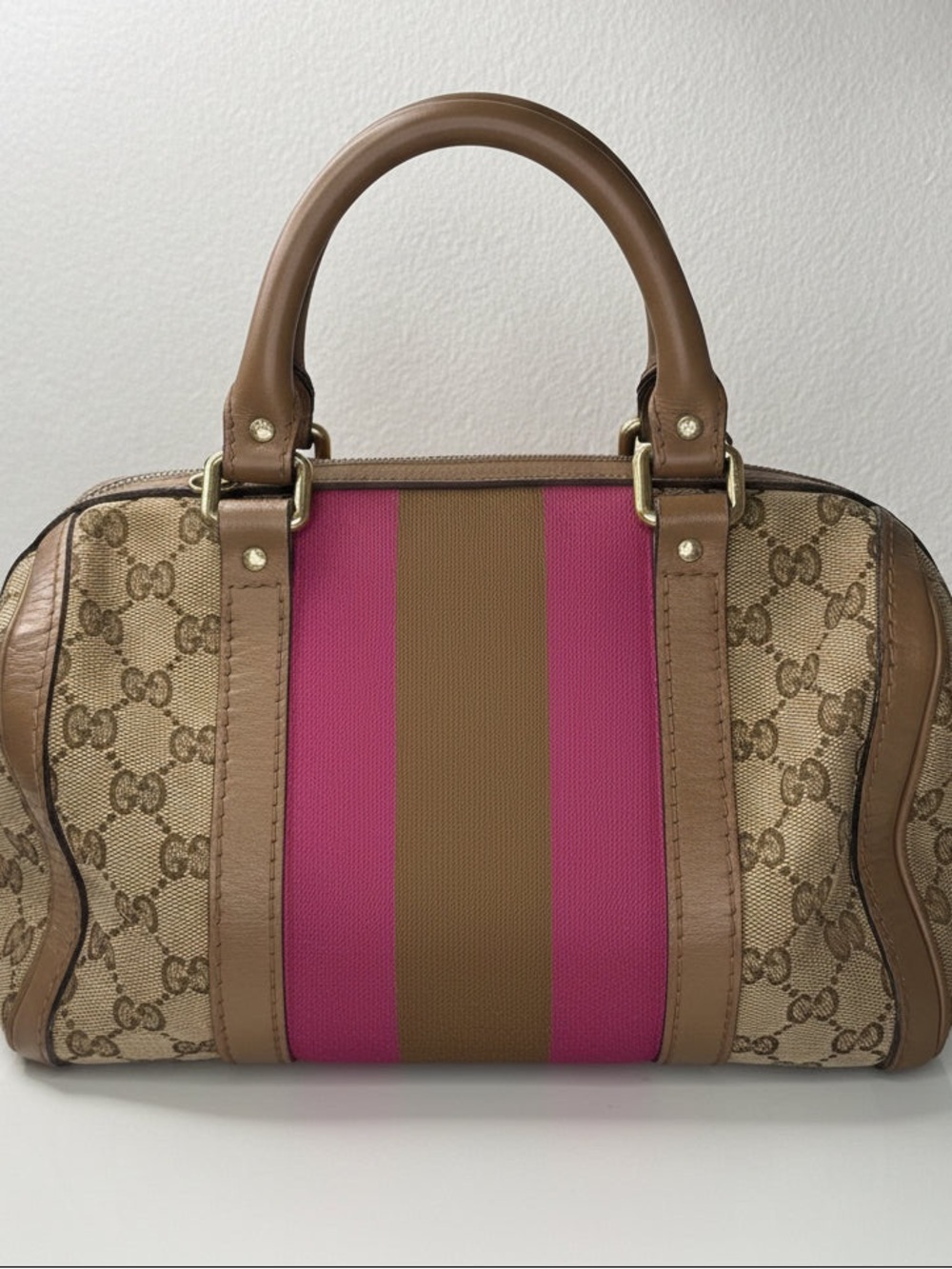 Gucci Vintage GG Canvas Joy Small Boston Bag with Pink and Brown Web Stripe